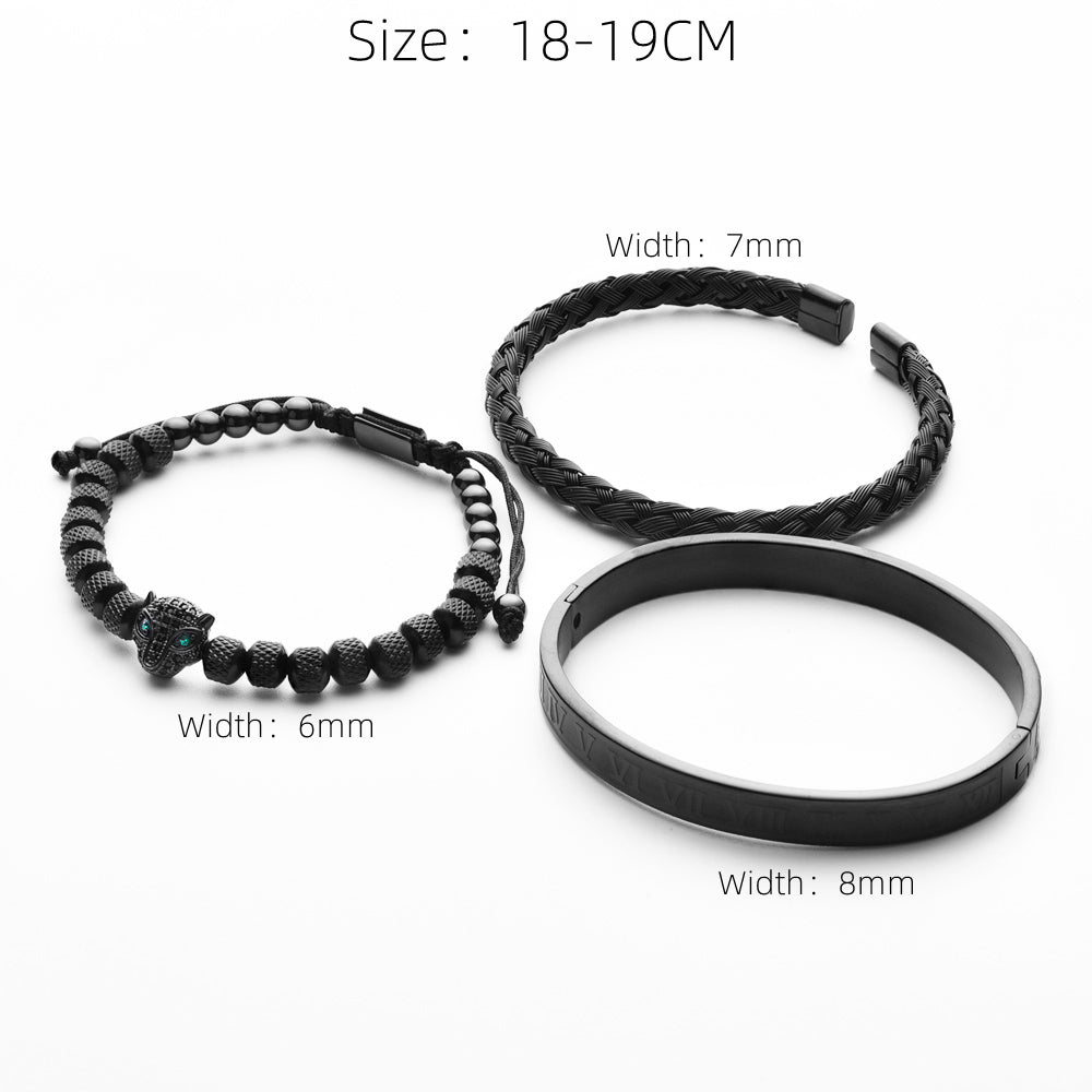 j44X3pcssetClassicalHandmadeBraidingBraceletHipHopMenPaveCZLeopardHeadRomanNumeralBra