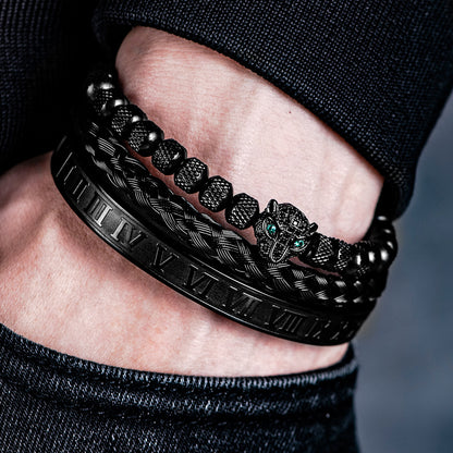 Handmade Braiding Bracelet Set, Hip Hop Men's CZ Leopard Head & Roman Numeral Stainless Steel Jewelry