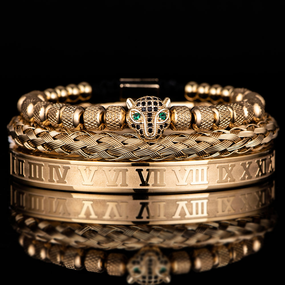 goUm3pcssetClassicalHandmadeBraidingBraceletHipHopMenPaveCZLeopardHeadRomanNumeralBra
