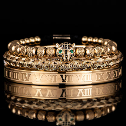 goUm3pcssetClassicalHandmadeBraidingBraceletHipHopMenPaveCZLeopardHeadRomanNumeralBra