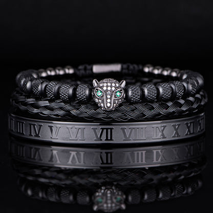 ogzz3pcssetClassicalHandmadeBraidingBraceletHipHopMenPaveCZLeopardHeadRomanNumeralBra