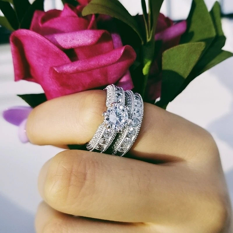 Stunning Silver Zircon Wedding Ring Set - Perfect for Women's Engagement & Anniversary