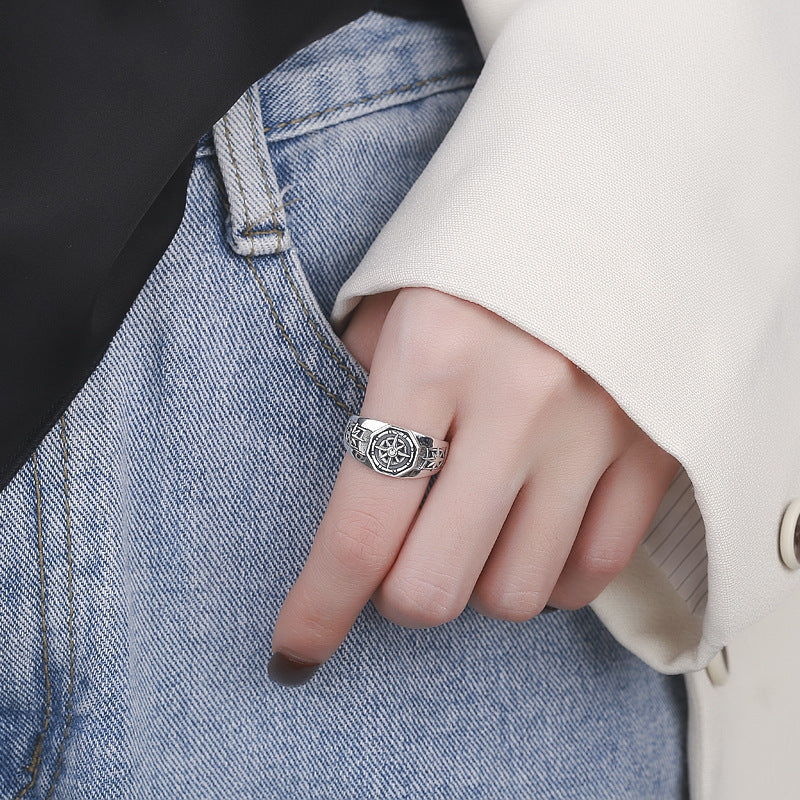 Silver-Plated Poseidon Compass Hexagram Ring: Adjustable Unisex Hip-Hop Jewelry Gift