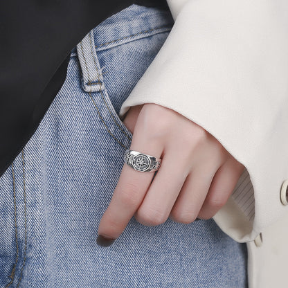 Silver-Plated Poseidon Compass Hexagram Ring: Adjustable Unisex Hip-Hop Jewelry Gift
