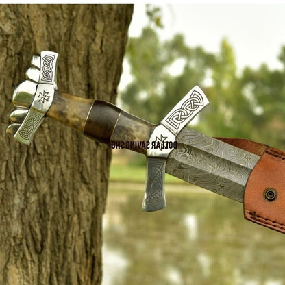 Custom Handmade Sword Damascus Steel Viking Sword Kalis Hunting Sword Survival Outdoor Camel Bone Ha