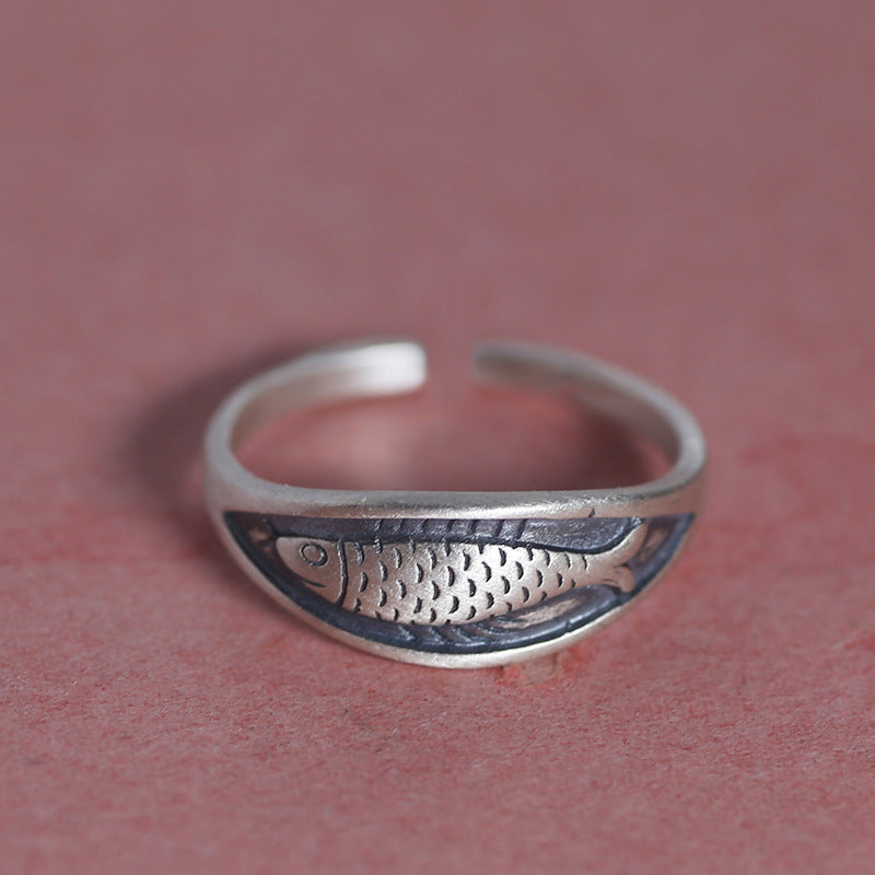 Bohemian Adjustable Fish Retro Ring - 925 Sterling Silver, Geometric Design, Perfect for Party or Birthday Gift