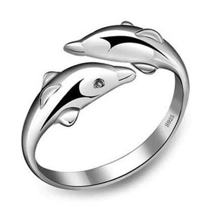 Silver Double Dolphin Love Rings: Adjustable Party Gift for Women - VRS2196