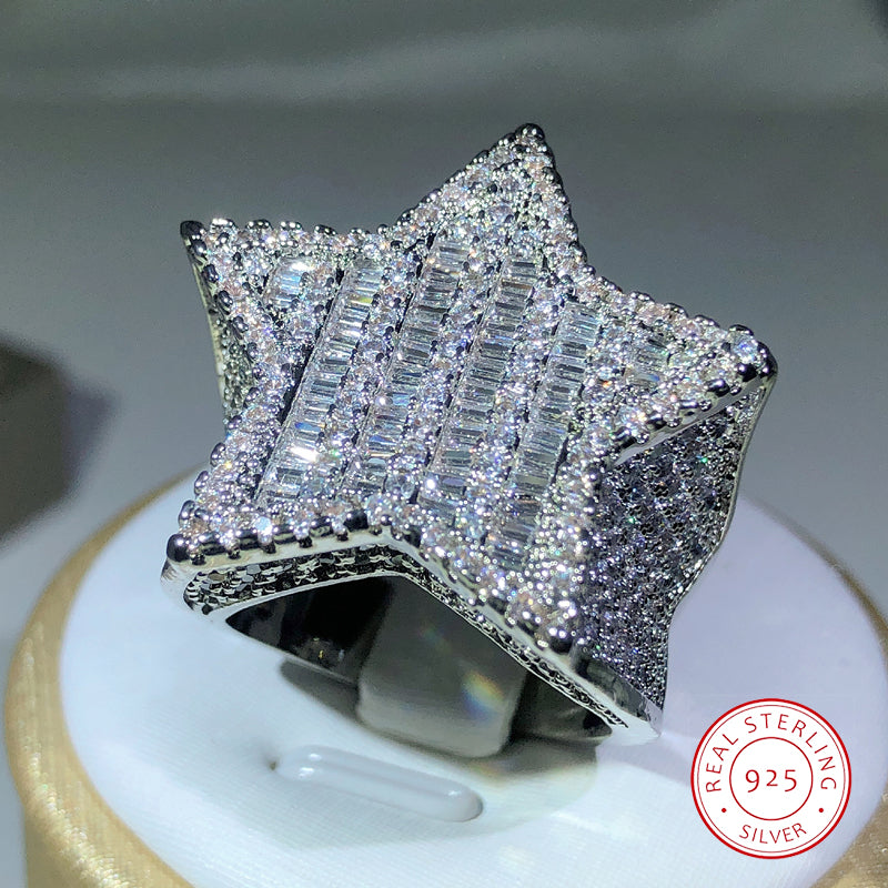 925 Silver Luxury Star Diamond Rings: Solid White/Yellow Gold Shine Jewelry for Men/Women - Perfect Hiphop Gifts