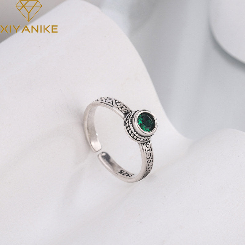 Vintage Thai Silver Green Zircon Open Cuff Rings for Women - New Fashion Jewelry Gift for Party
