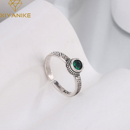 Vintage Thai Silver Green Zircon Open Cuff Rings for Women - New Fashion Jewelry Gift for Party