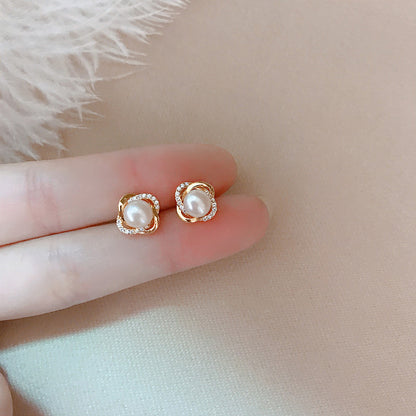 Upscale 14k Gold Earrings with Zircon Pearl Twist - Luxury Studs for Women