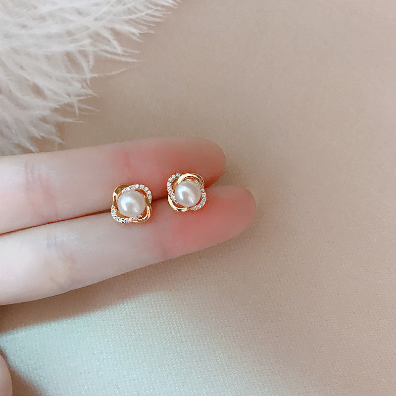 dXoqUpscale14kGoldJewelryRealGoldEarringsZirconPearlTwistLuxuryStudEarringsforWomenBr