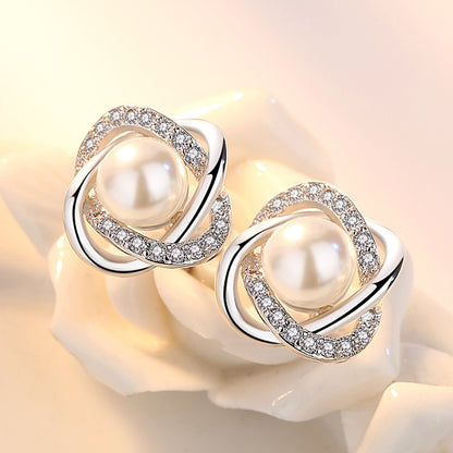 925 Sterling Silver Luxury Stud Earrings with Zircon and Pearl Twist for Women - Elegant Brincos Pendientes Bijoux