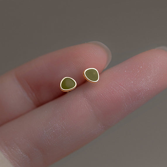 Geometric Green Enamel Stud Earrings in 925 Sterling Silver - Minimalist Women's Jewelry