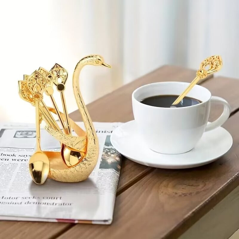 Stainless Steel Swan Base Dinnerware Set: 6 Spoons for Coffee, Fruit, Dessert Mixing