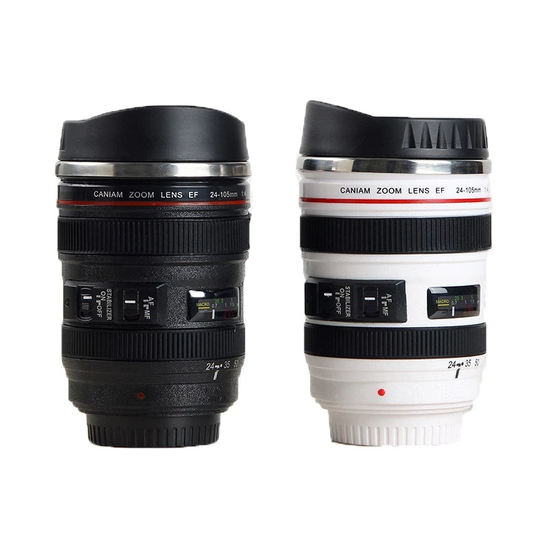 White and Black Camera Lens Mug - Stainless Steel EF24-105mm: Unique Coffee Cup Gift