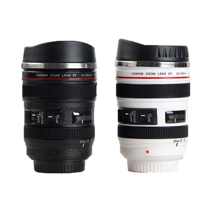 White and Black Camera Lens Mug - Stainless Steel EF24-105mm: Unique Coffee Cup Gift
