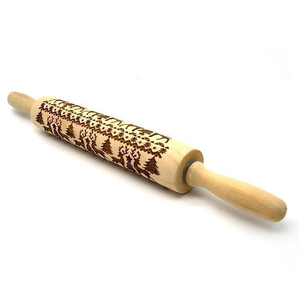 Christmas 3D Rolling Pin - Solid Maple Wood, Perfect for Holiday Baking, Great Gift for Bakers Reindeer & Christmas Trees