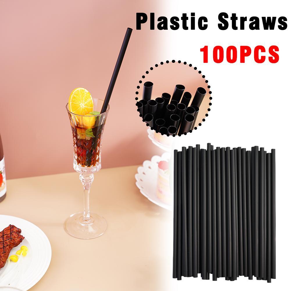 100Pcs Black Plastic Drinking Straws for Bar, Party, Wedding - Bulk Beverage Straws