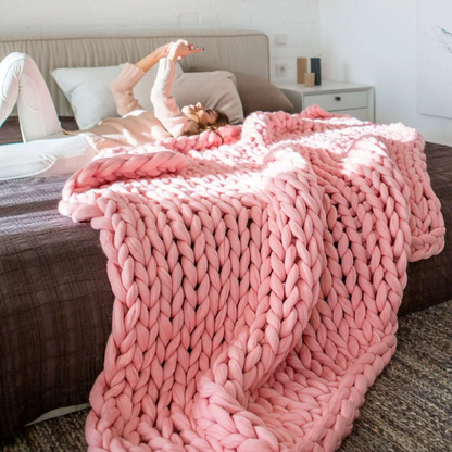 Soft and Lightweight Handmade Chunky Knit Blanket, Acrylic & Polyester Fabric, Comfortable All Year Round pink