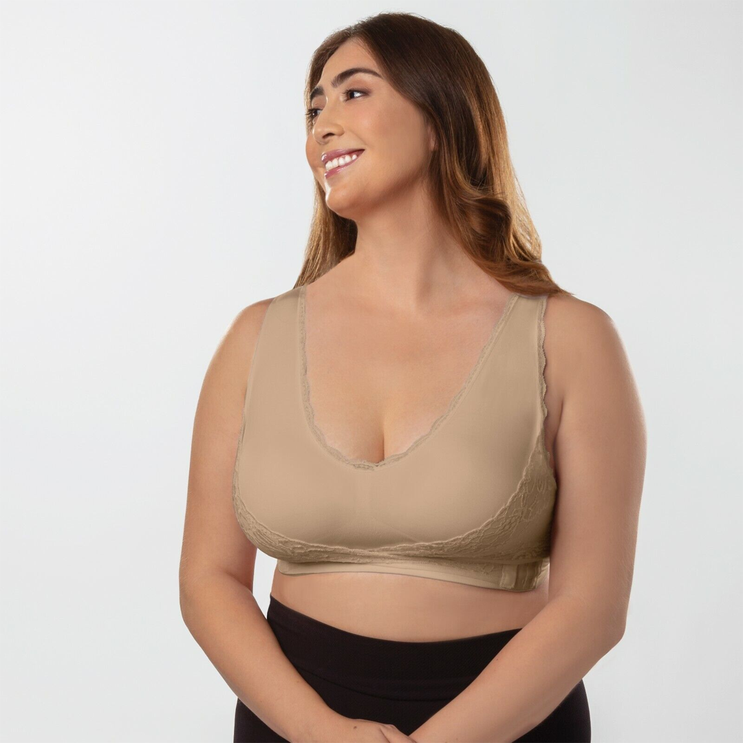 Closeup of crisscross lace design lifting the bust