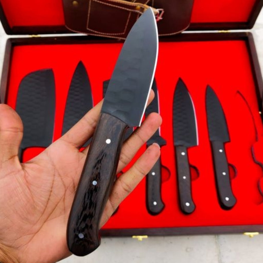 Premium Damascus Steel 6-Piece Chef Knife Set – Handmade, Customizable, Leather Sheath – Kitchen, Dining, Gift