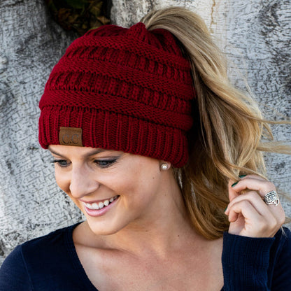 Chic Soft Knit Ponytail Beanie Red