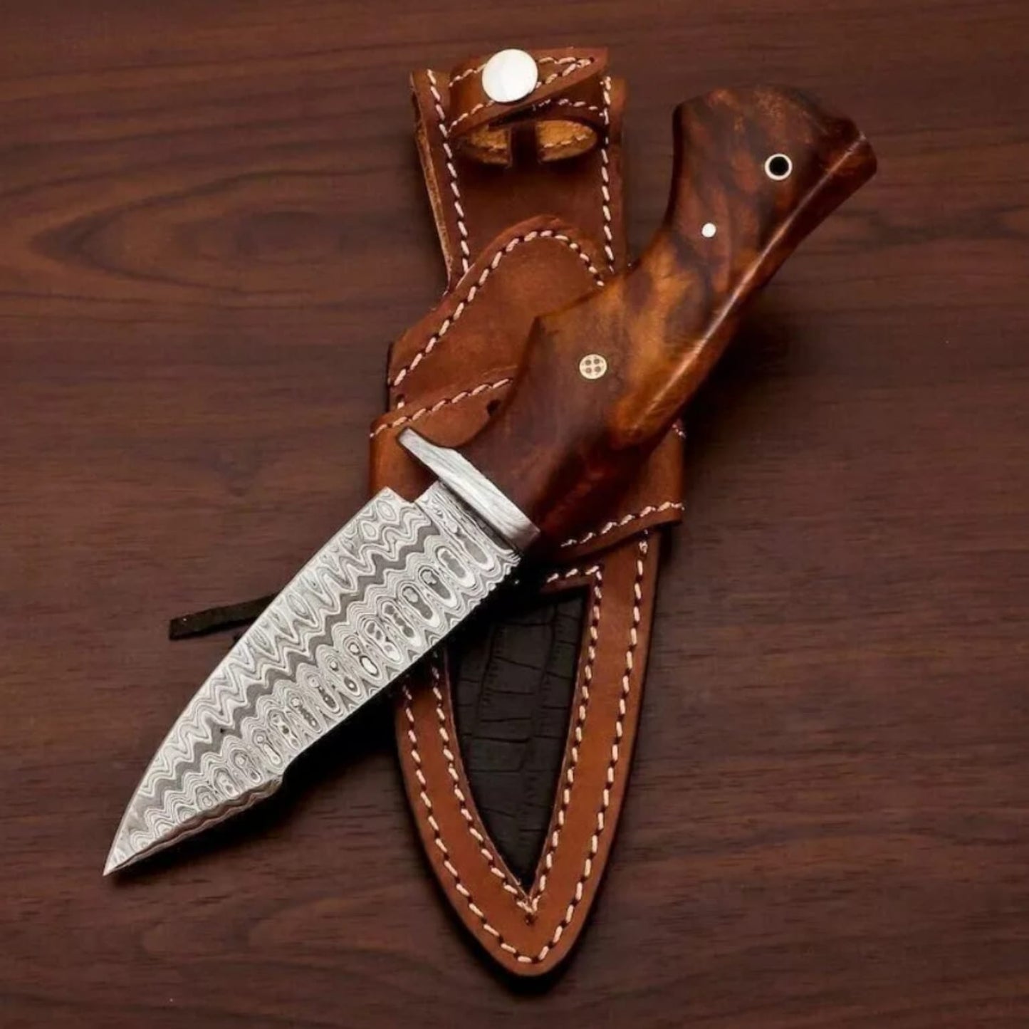Custom Handmade Damascus Steel Bowie Hunting Knife Rose Wood Handle W/ Sheath