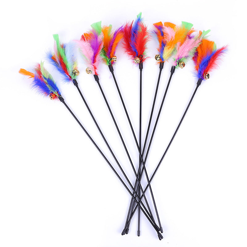 Interactive Cat Teaser Toy Rod with Bell and Feather - 5pcs Random Colors