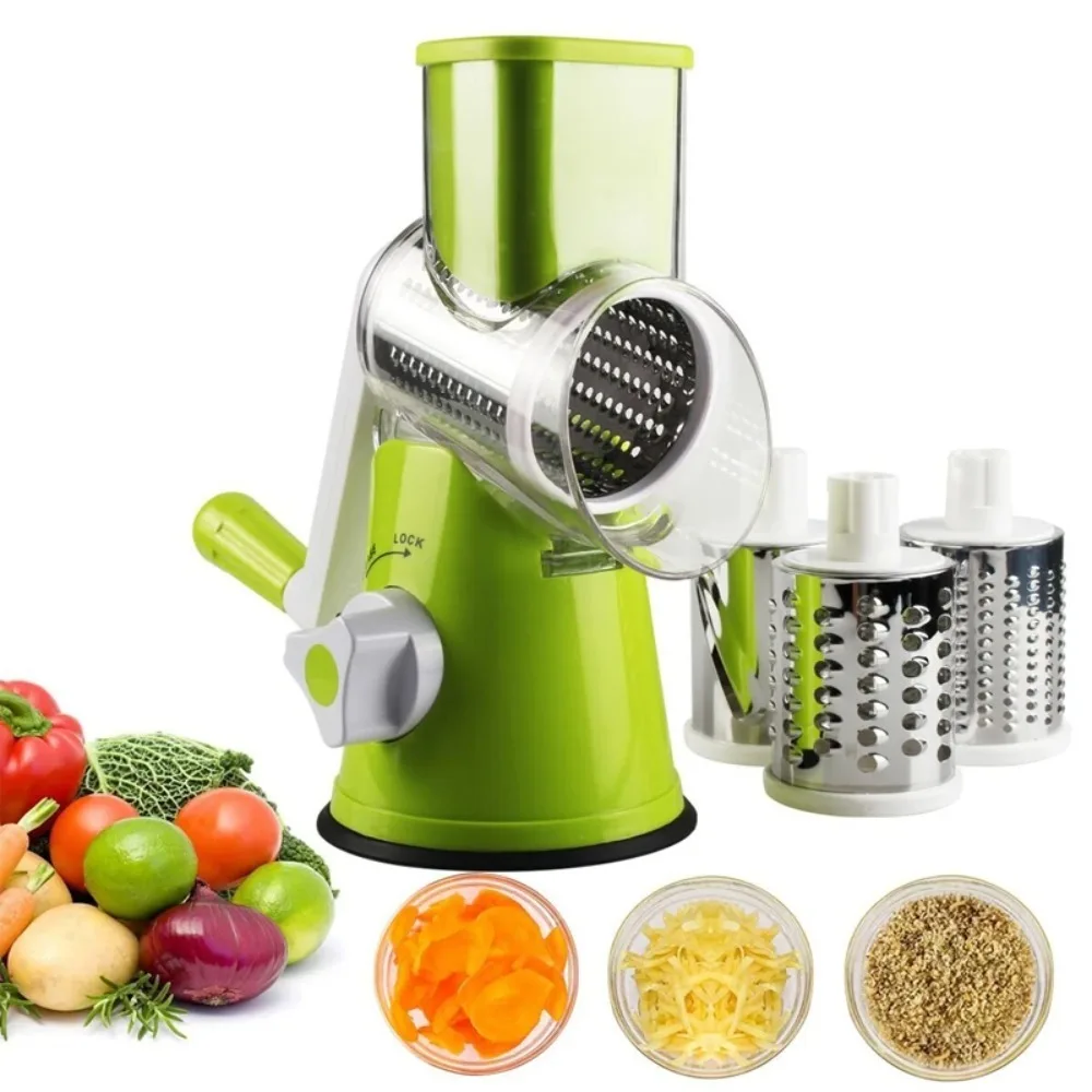 Vegetable Cutter & Slicer Manual Kitchen Cheese Chopper Machine With 3 Sharp Drums Multifunctional Garlic PotatoShredder