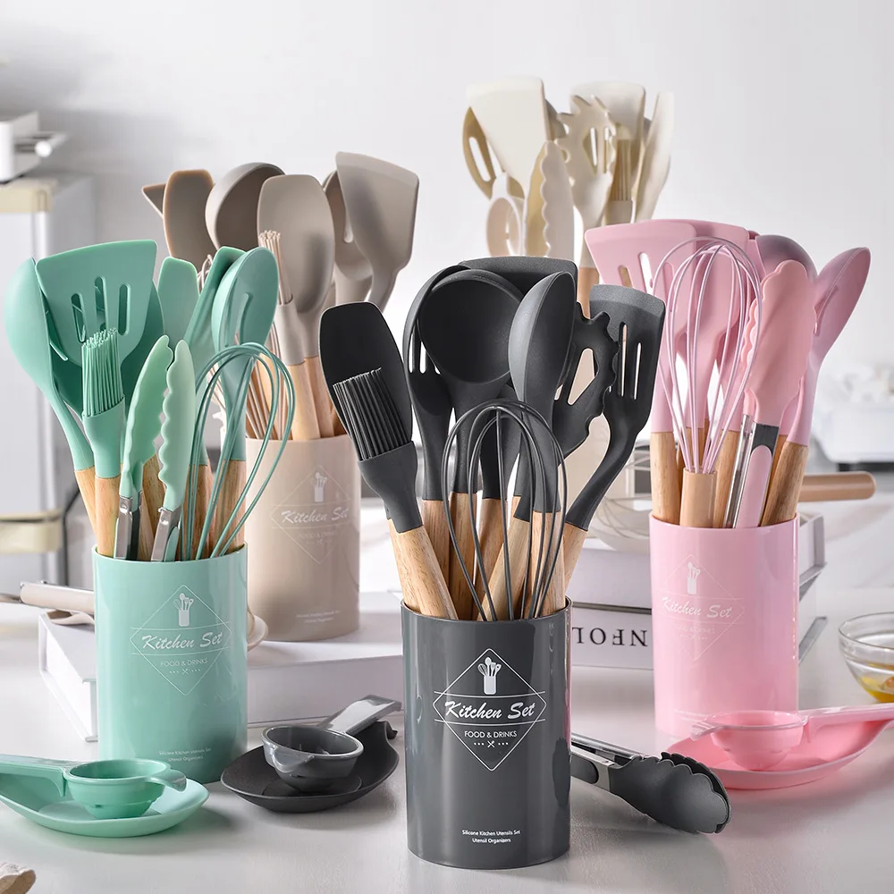 12Pcs Silicone Cooking Utensils Set Wooden Handle Kitchen Cooking Tool Non-stick Cookware Spatula Shovel Egg Kitchenware