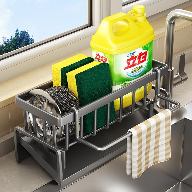 Self-Draining Sink Shelf Stainless Steel Kitchen Sink Drain Rack Sponge Storage Faucet Holder with Rod Kitchen Sink
