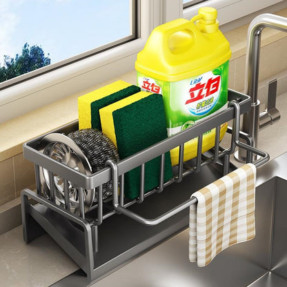 Self-Draining Sink Shelf Stainless Steel Kitchen Sink Drain Rack Sponge Storage Faucet Holder with Rod Kitchen Sink