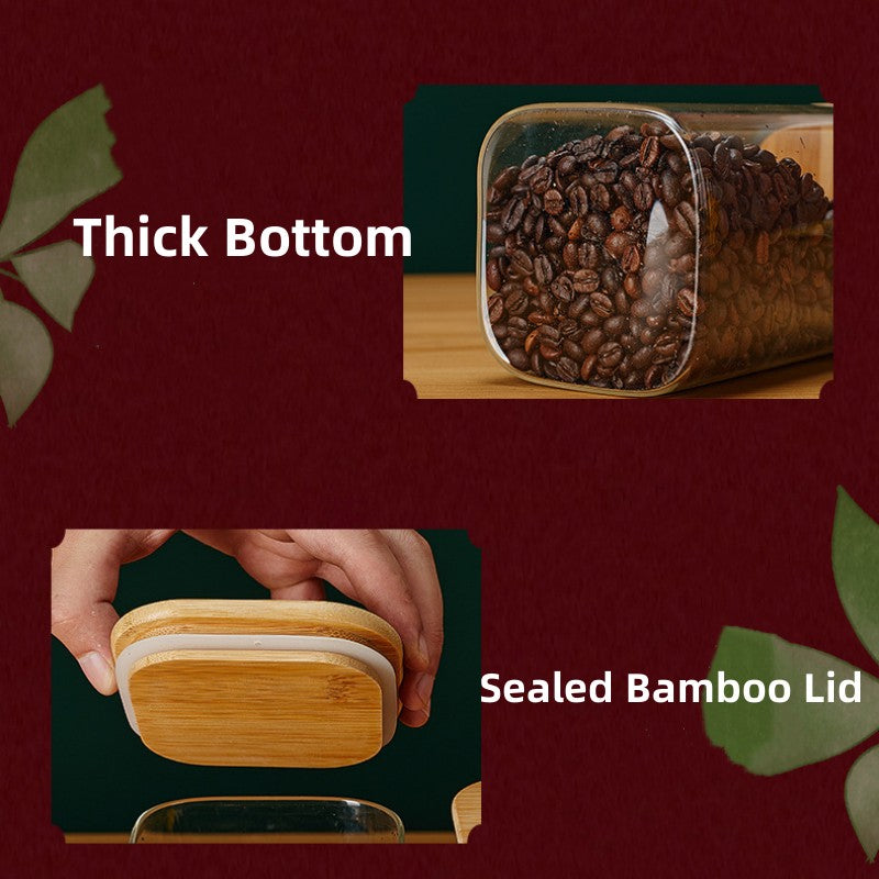 Square Glass Storage Jars with Bamboo Lid for Coffee Beans Grains Noodles food Storage Containers Kitchen Organizers
