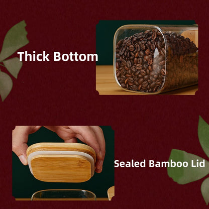 Square Glass Storage Jars with Bamboo Lid for Coffee Beans Grains Noodles food Storage Containers Kitchen Organizers