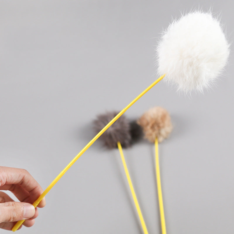 PBKhRandomColorTeaseCatStickFauxRabbitFurPompomPlushPetInteractiveStickCatPlayingTrai