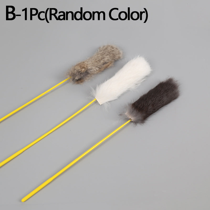 tuzSRandomColorTeaseCatStickFauxRabbitFurPompomPlushPetInteractiveStickCatPlayingTrai
