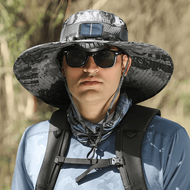 Outdoor Wide Brim Sun Hat With Solar Fan Camouflage gray