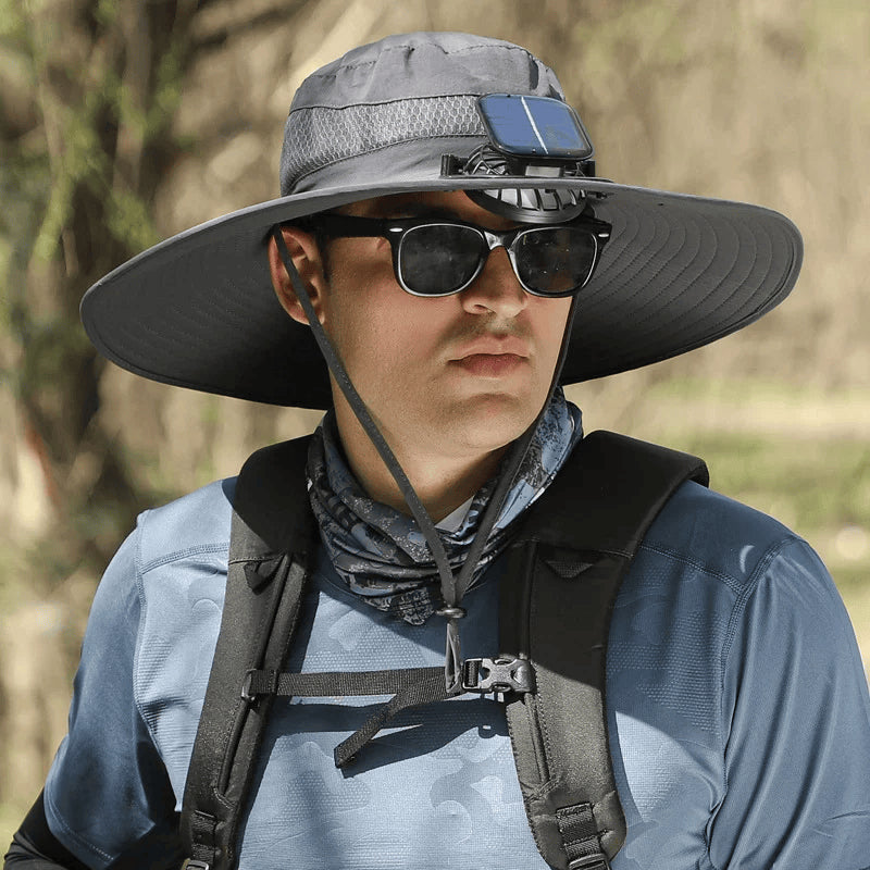 Outdoor Wide Brim Sun Hat With Solar Fan Dark Gray