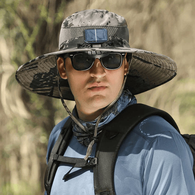 Outdoor Wide Brim Sun Hat With Solar Fan Camouflage khaki