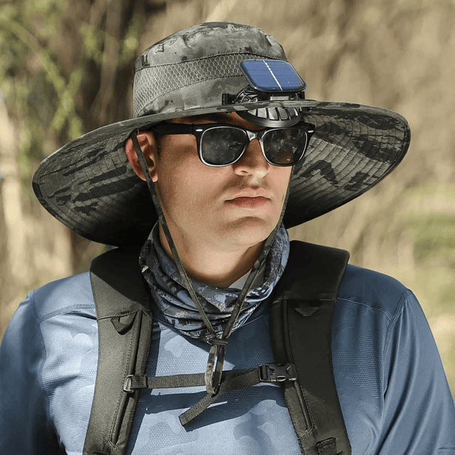 Outdoor Wide Brim Sun Hat With Solar Fan Camouflage Green
