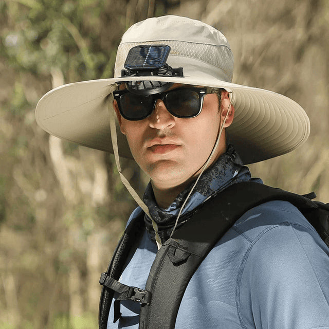 Outdoor Wide Brim Sun Hat With Solar Fan Khaki