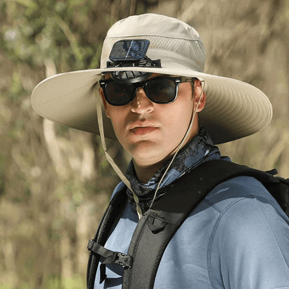 Outdoor Wide Brim Sun Hat With Solar Fan Khaki