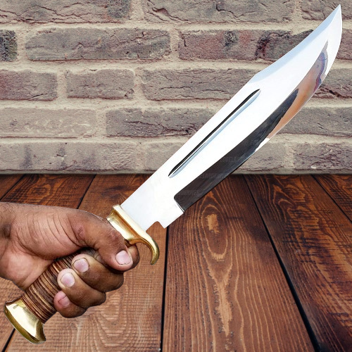 14-inch Bowie Knife, Full-tang Fixed Blade Knife Leather Handle, Hunting Knife with Leather Sheath for Outdoor