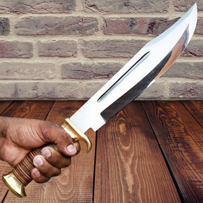 14-inch Bowie Knife, Full-tang Fixed Blade Knife Leather Handle, Hunting Knife with Leather Sheath for Outdoor