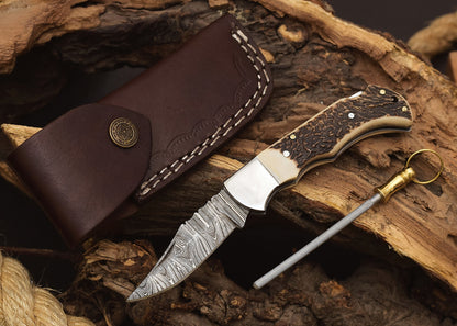 Damascus Pocket Folding Knife Customized Groomsmen Gifts Gift for Husband Dad Handmade 6.5'" Knife for Outdoor