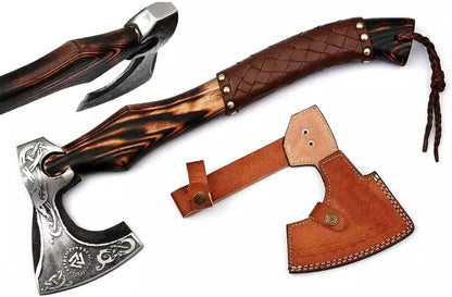 14"inches Ash Wood Handle Camping Axe with Leather Sheath High Carbon Steel Hatchets Splitting Axe, Throwing Axes