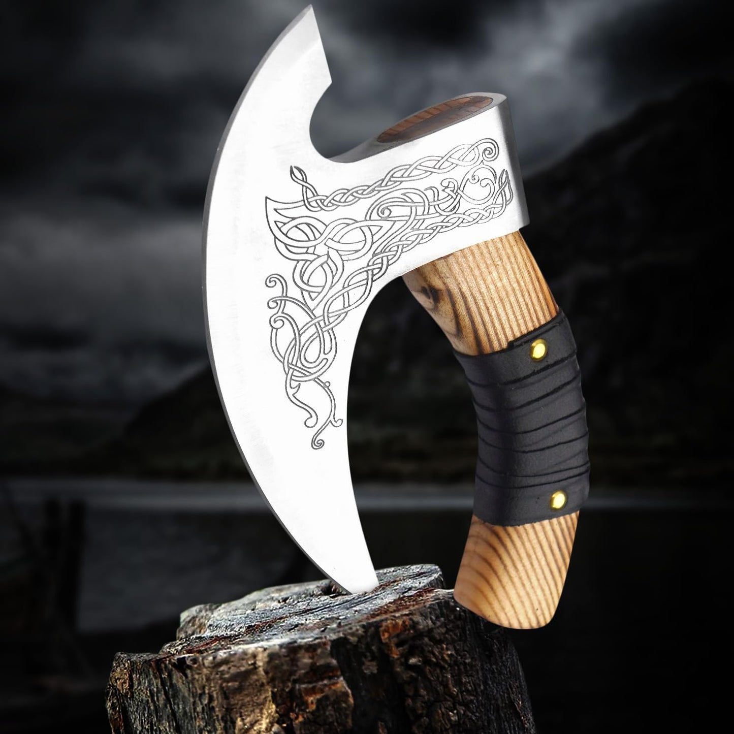 11" Pizza cutter Cutting Carbon Steel, Leather Sheath Viking Style Chopping Multi Purpose ash wood