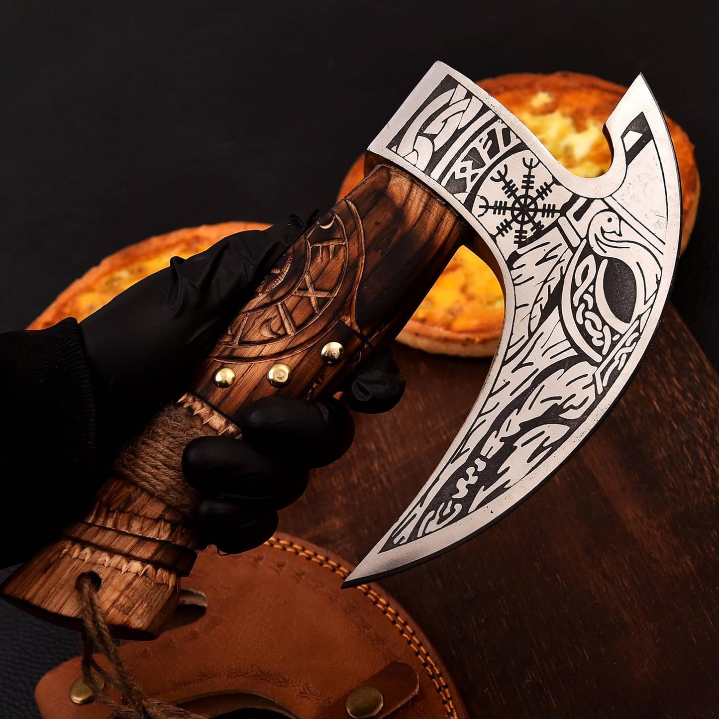 11" Pizza cutter 10" Cutting Blade with Carbon Steel, Leather Sheath hiking Style Multi Purpose ash wood engraved
