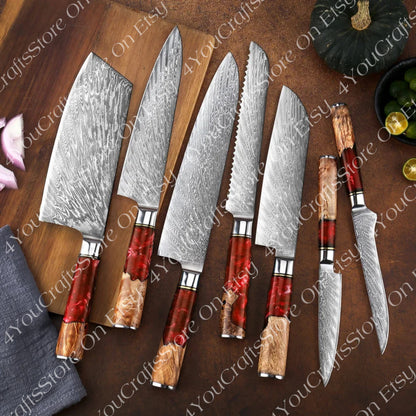 Kitchen Chef Knives Set , Damascus Steel Knives Set , Best For Cooking, Valentines Gift For Her , Anniversary Gift